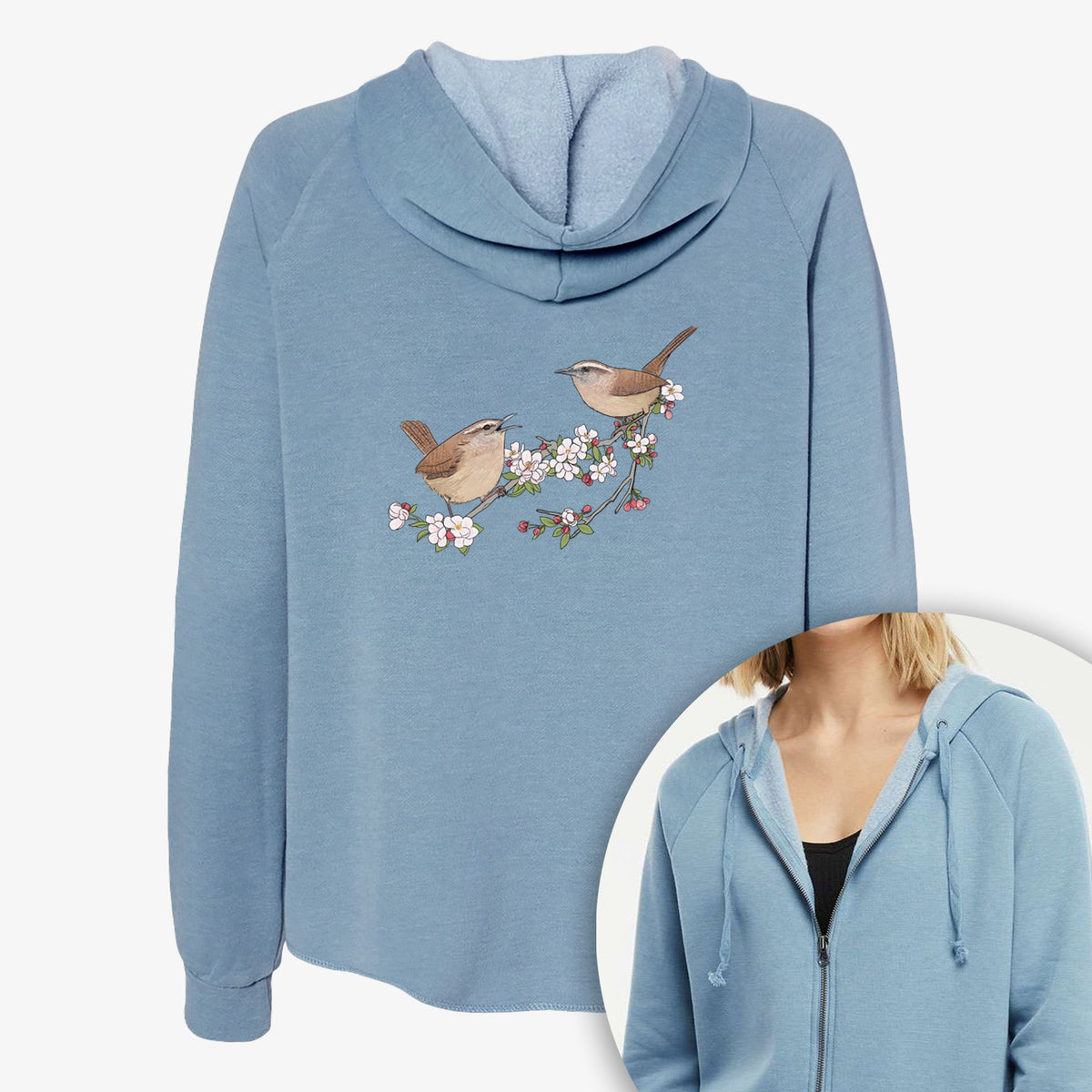 Spring Carolina Wrens on a Blooming Crabtree Branch - Women's Cali Wave Zip-Up Sweatshirt