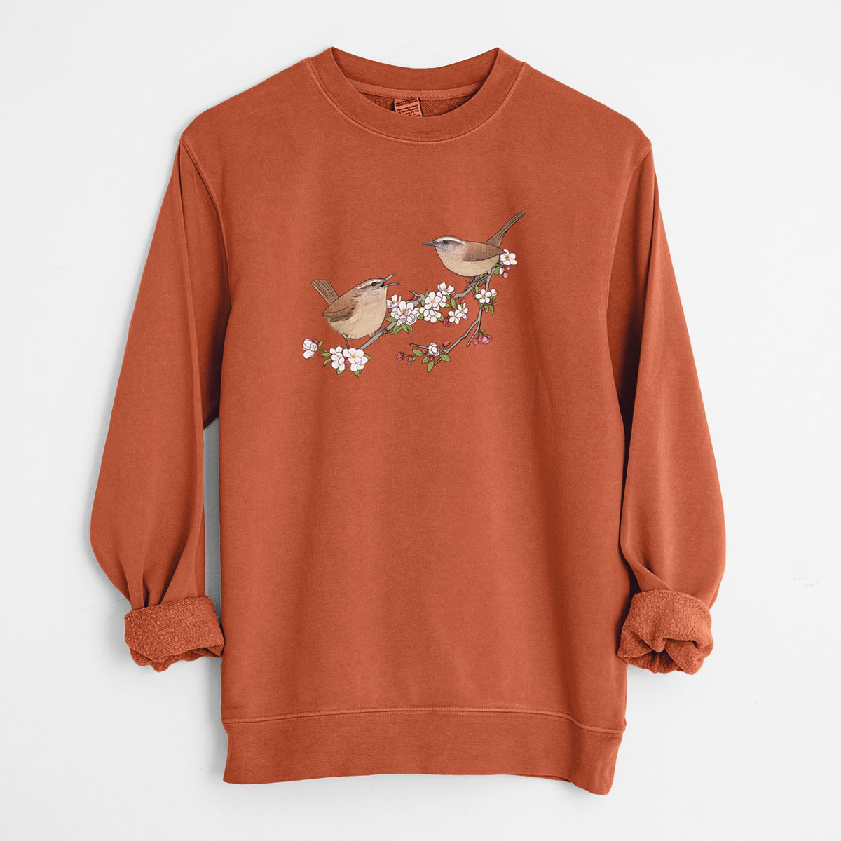 Spring Carolina Wrens on a Blooming Crabtree Branch - Unisex Pigment Dyed Crew Sweatshirt
