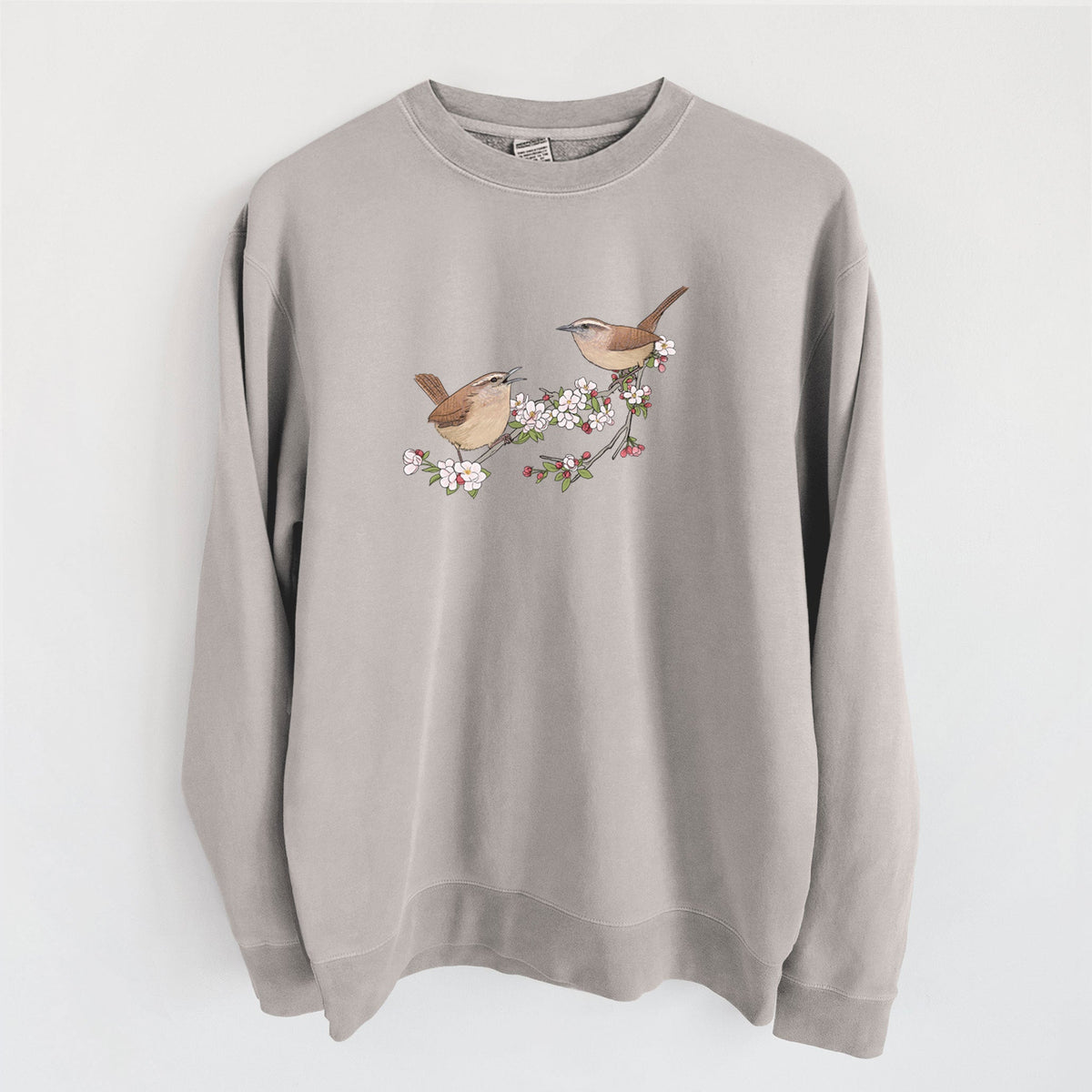 Spring Carolina Wrens on a Blooming Crabtree Branch - Unisex Pigment Dyed Crew Sweatshirt