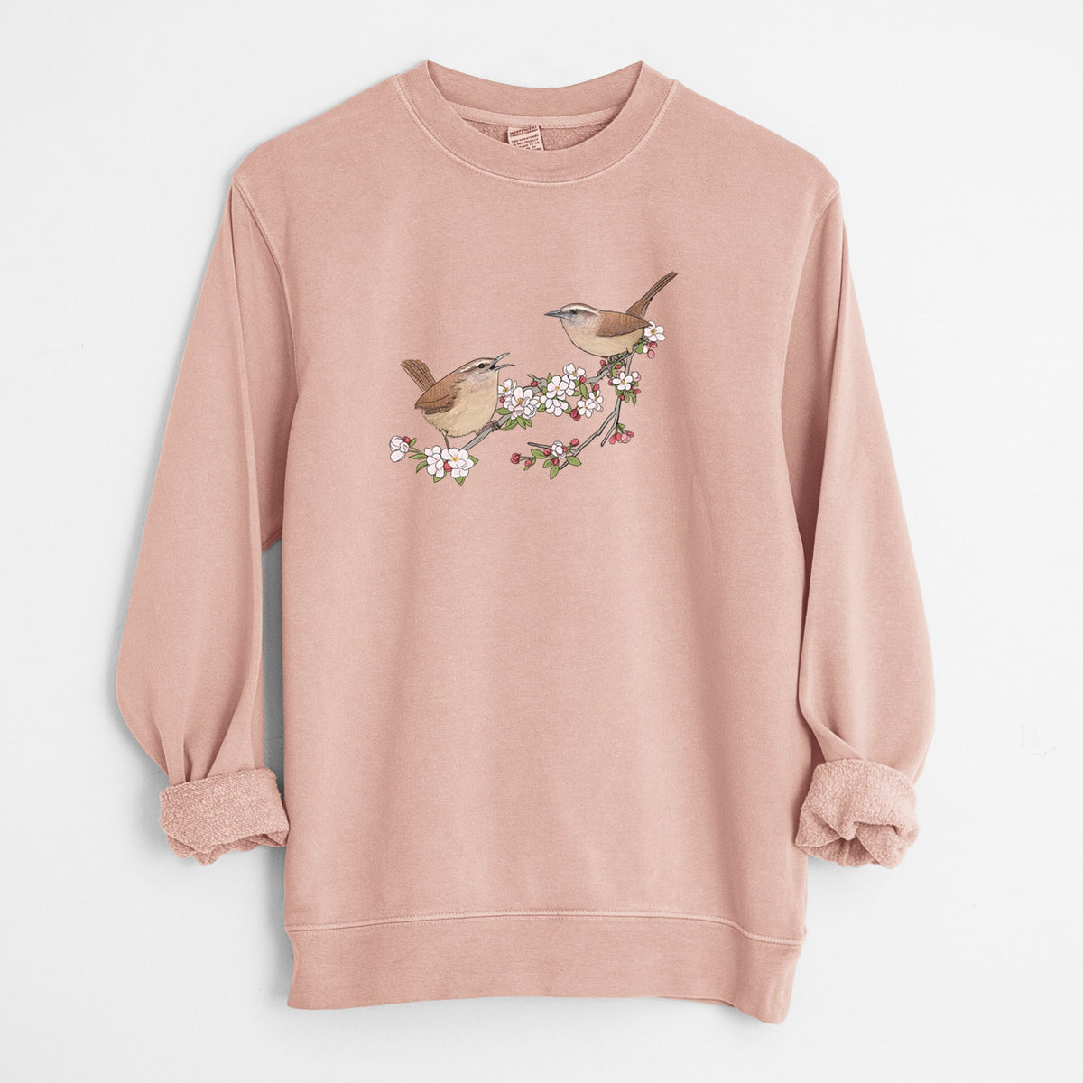 Spring Carolina Wrens on a Blooming Crabtree Branch - Unisex Pigment Dyed Crew Sweatshirt