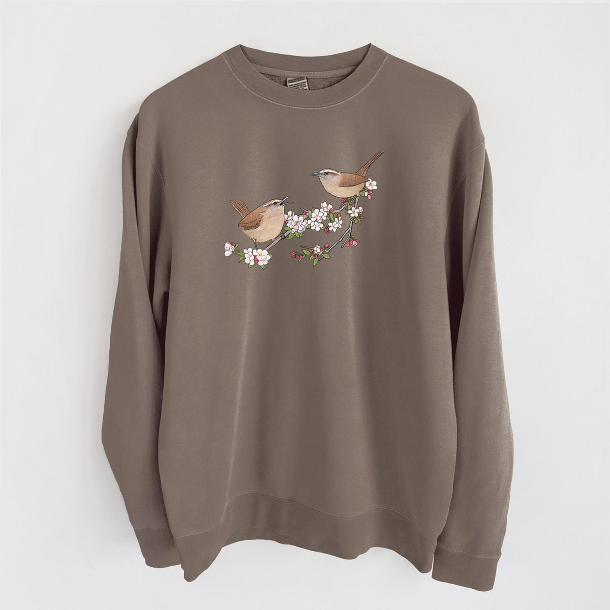 Spring Carolina Wrens on a Blooming Crabtree Branch - Unisex Pigment Dyed Crew Sweatshirt