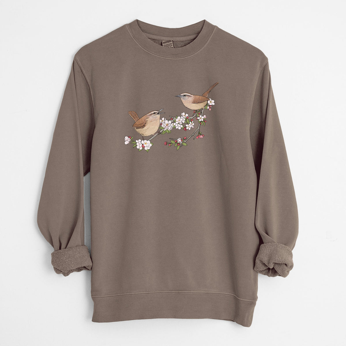 Spring Carolina Wrens on a Blooming Crabtree Branch - Unisex Pigment Dyed Crew Sweatshirt