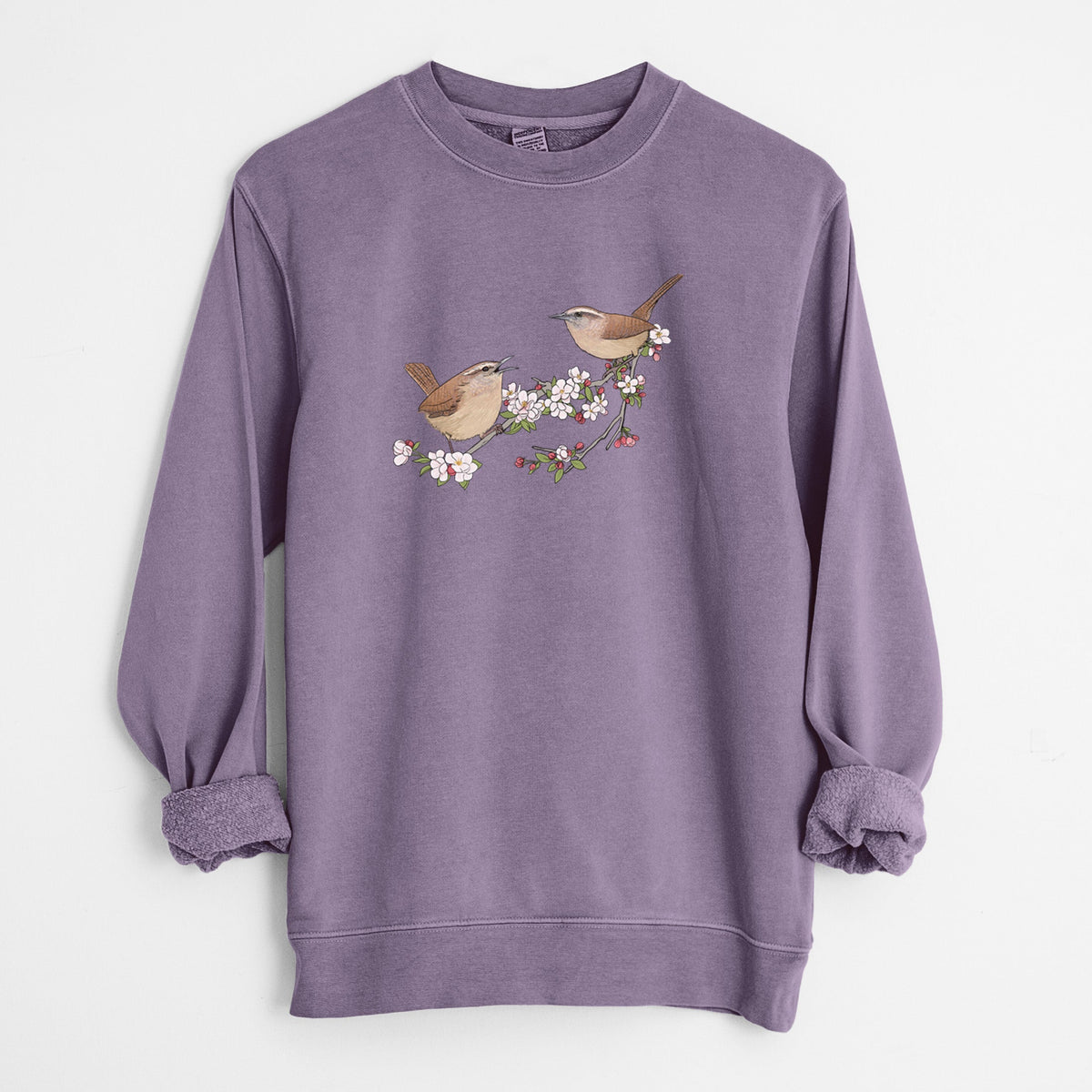 Spring Carolina Wrens on a Blooming Crabtree Branch - Unisex Pigment Dyed Crew Sweatshirt