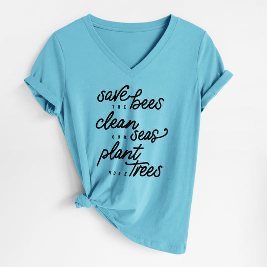 Bees Seas Trees - Typography - Women's Lightweight Relaxed Fit 100% Cotton V-neck