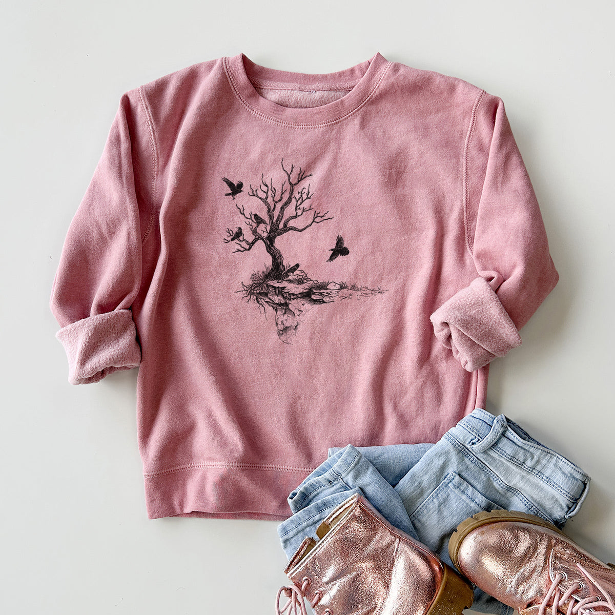 Twisted Tree with Ravens - Youth Lightweight Crewneck Sweatshirt