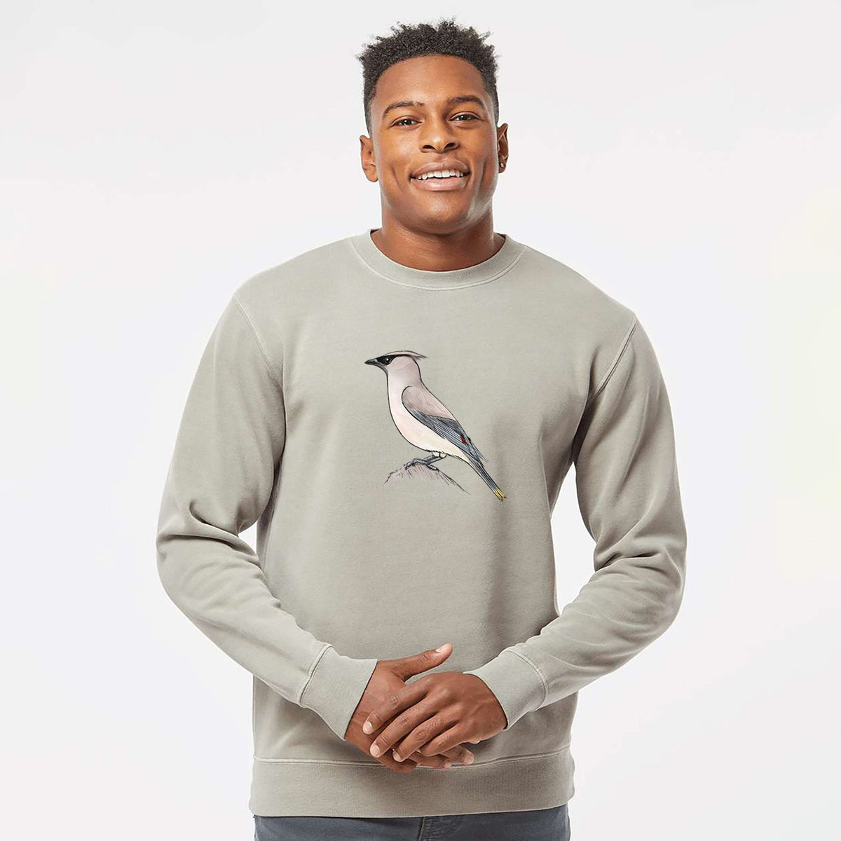 Vibrant Cedar Waxwing - Bombycilla cedrorum - Unisex Pigment Dyed Crew Sweatshirt