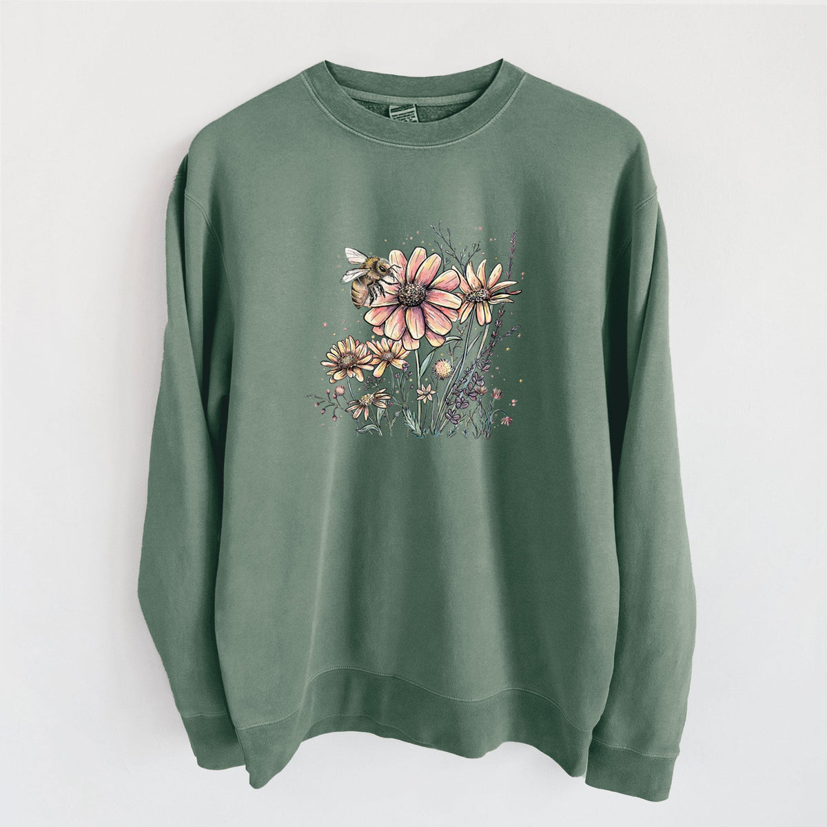 Bee with Wildflowers - Unisex Pigment Dyed Crew Sweatshirt