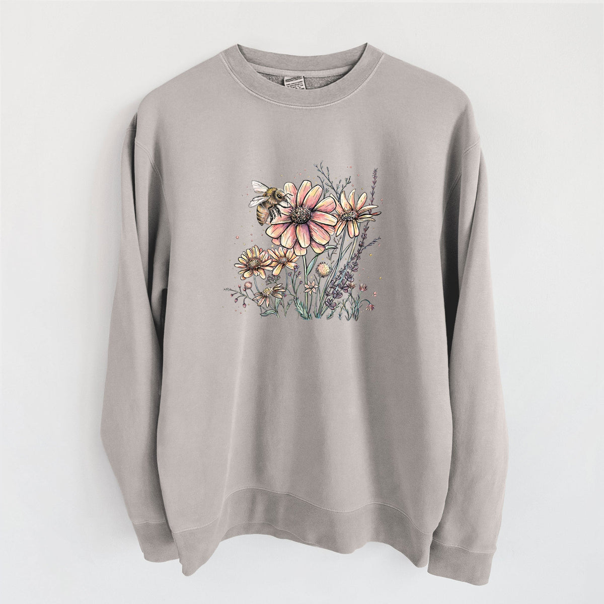Bee with Wildflowers - Unisex Pigment Dyed Crew Sweatshirt