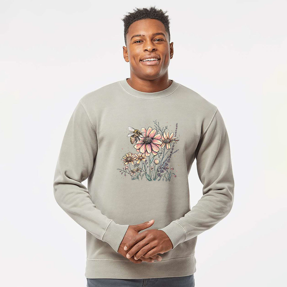 Bee with Wildflowers - Unisex Pigment Dyed Crew Sweatshirt