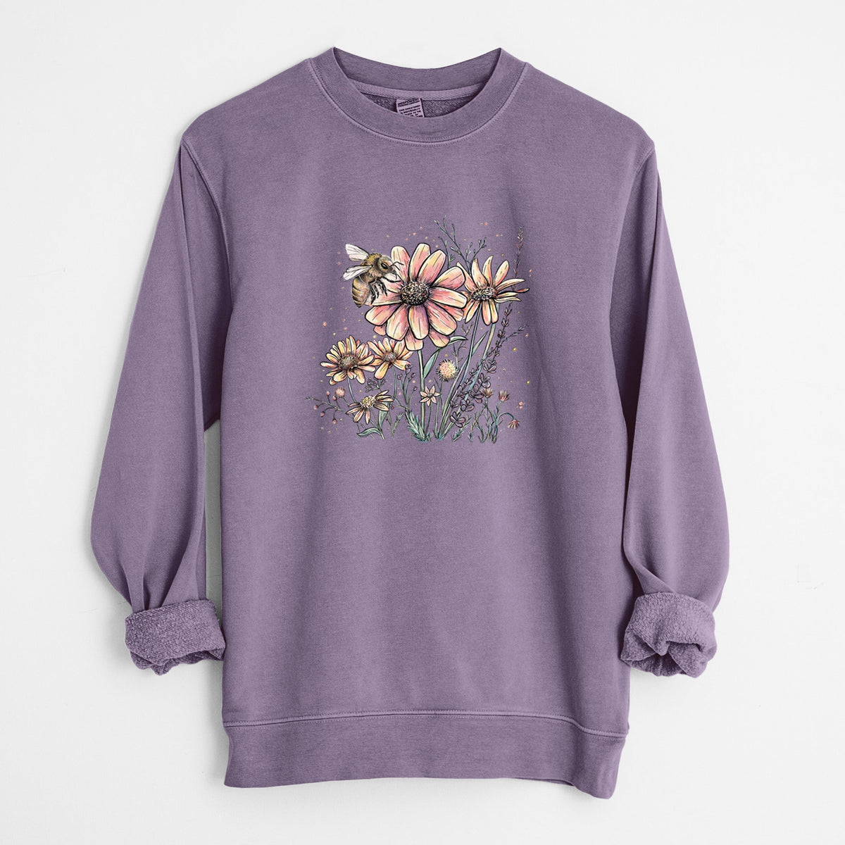 Bee with Wildflowers - Unisex Pigment Dyed Crew Sweatshirt