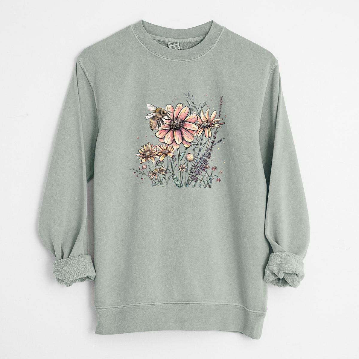 Bee with Wildflowers - Unisex Pigment Dyed Crew Sweatshirt