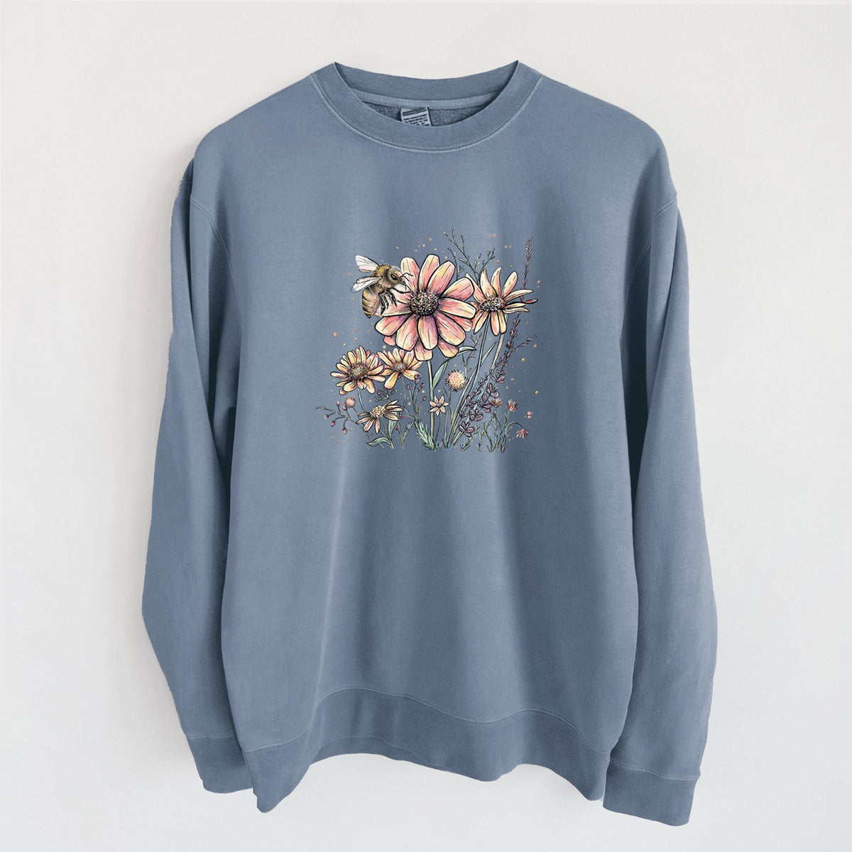 Bee with Wildflowers - Unisex Pigment Dyed Crew Sweatshirt
