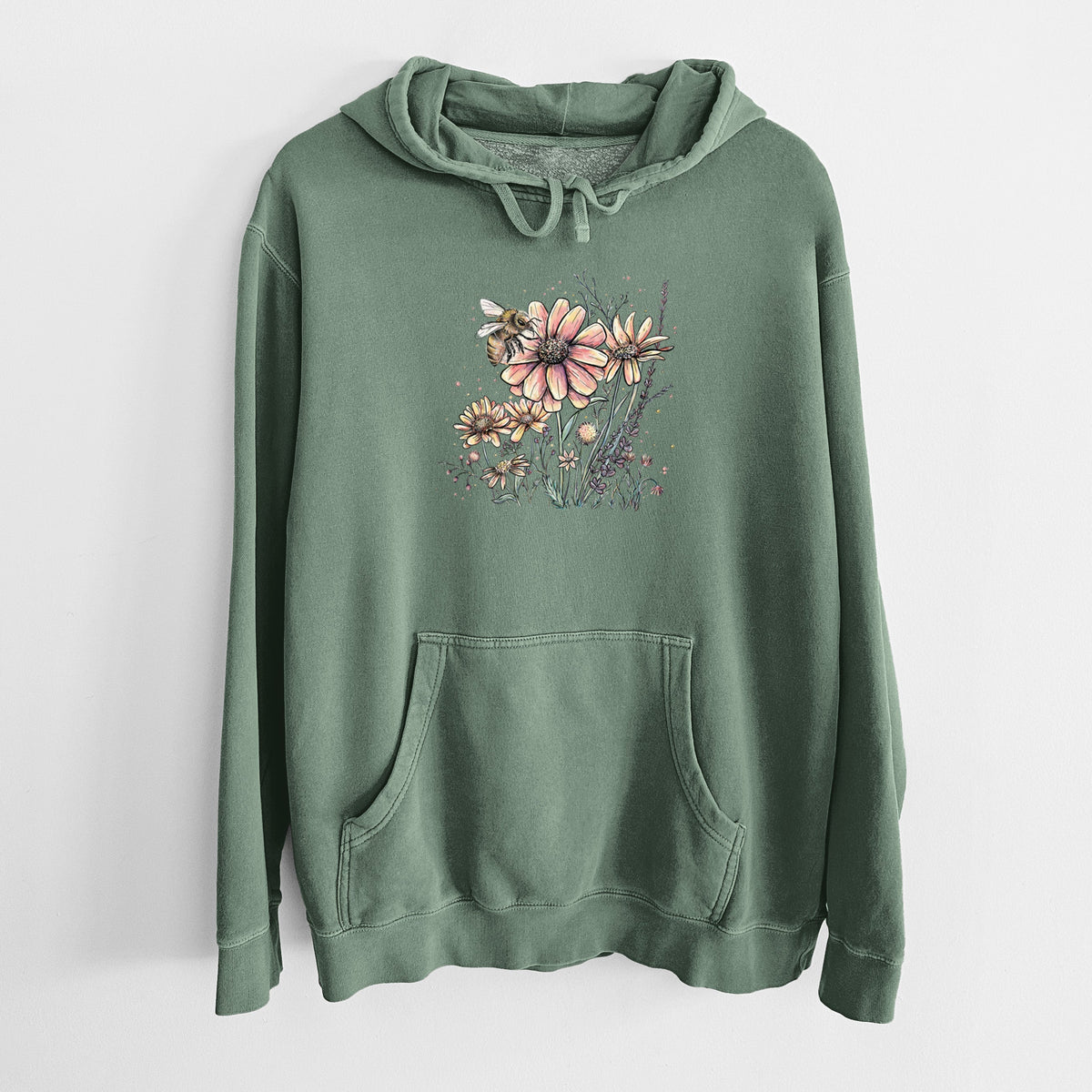Bee with Wildflowers - Unisex Pigment Dyed Hoodie