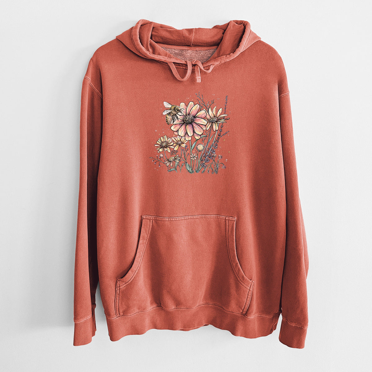 Bee with Wildflowers - Unisex Pigment Dyed Hoodie