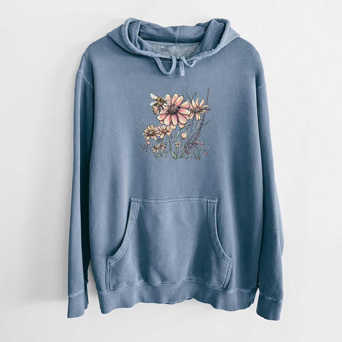 Bee with Wildflowers - Unisex Pigment Dyed Hoodie